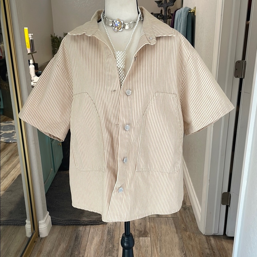 Tan Lightweight Shirt Jacket with Textured Fabric